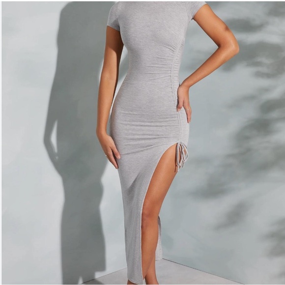 Oh Polly Drawstring Asymmetrical Short Sleeve Maxi in Marled Gray - Picture 2 of 6